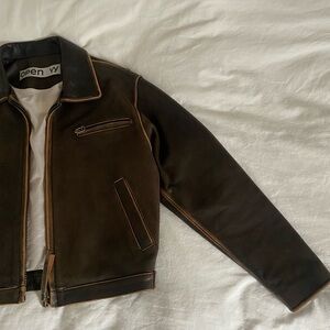 the open product / open yy brown oversized distressed leather jacket